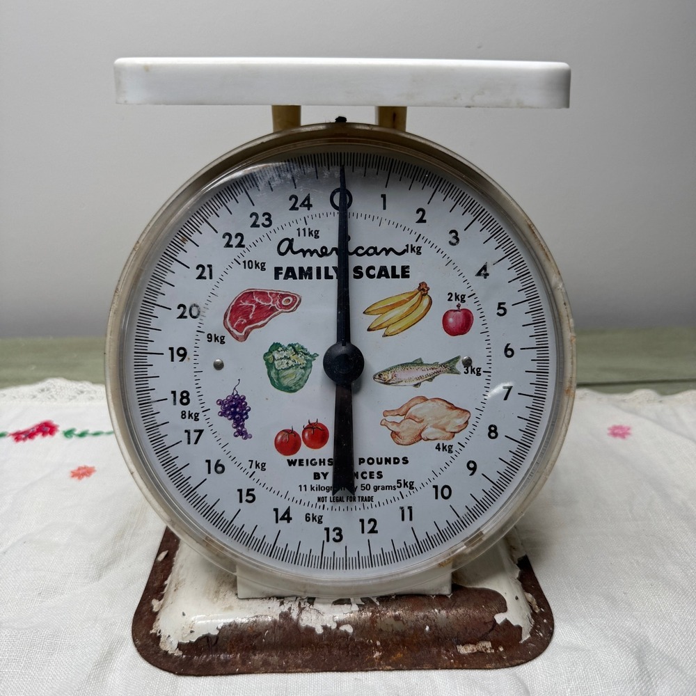 Vintage American Family Scale White Metal Kitchen 25lb Illustrated Food Graphics
